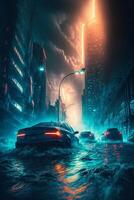 cars driving through a flooded city street at night. . photo