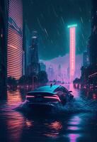 car driving through a flooded city at night. . photo