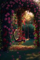 swing in the middle of a field of flowers. . photo