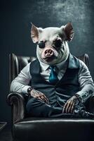 pig in a suit and tie sitting in a chair. . photo