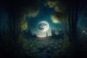 bosque con grande salida de la luna jardín. generativo ai foto