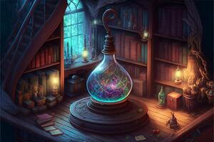 wizards school room magical books floating. photo