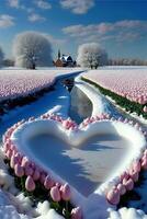 heart shaped arrangement of pink and yellow roses in the snow. . photo