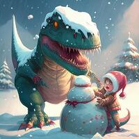 child is playing with a dinosaur in the snow. . photo