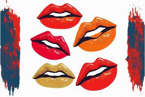 pop art Female lips lipstick kiss print set on white. photo