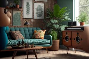 Retro design in trendy living room interior wooden. photo