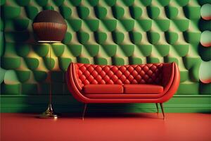 Retro Room interior green sofa red wall retro pattern. photo