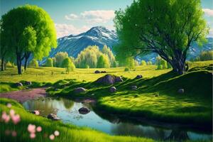 Spring Nature. Beautiful Landscape Green Grass and Tree. photo