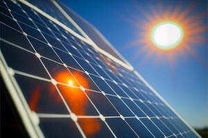 Solar panels close up panorama sunshine blue sky. photo