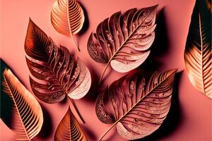 Pattern of dry orange metallic leaves on pink background. photo