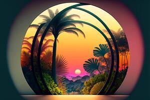 Tropical plants in a curved window with a gradient sun. photo