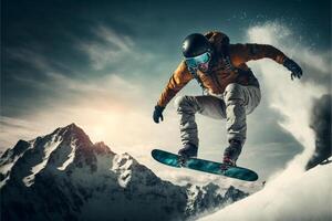 snowboarder a saltar en lo alto montañas. generativo ai foto