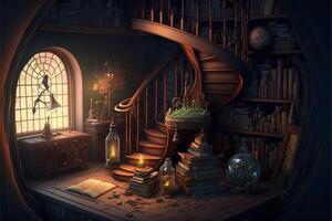 wizards school room magical books floating. photo