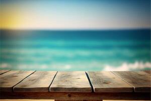 wooden table blurred sea background summer. photo