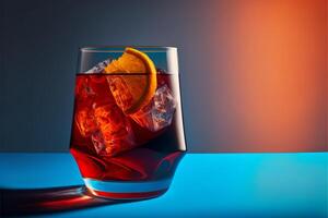 Popular cocktail negroni with gin and vermouth on blue. photo