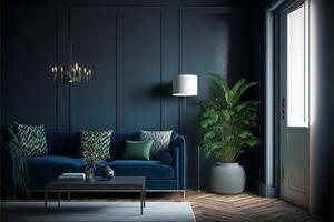 Modern cozy living room and dark blue wall texture. photo