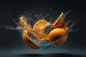 oranges and orange slices falling into a water splash. photo