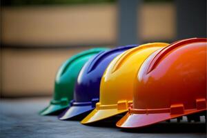 Multicolored Safety Construction Worker Hats in a row. photo