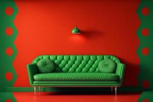 Retro Room interior green sofa red wall retro pattern. photo