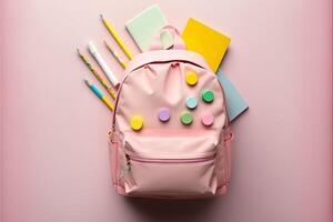 pink School backpack with different colorful stationer. photo