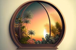 Tropical plants in a curved window with a gradient sun. photo