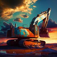 excavator in sunset sky. photo