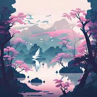 Lake surface Chinese style illustration blue pink. photo