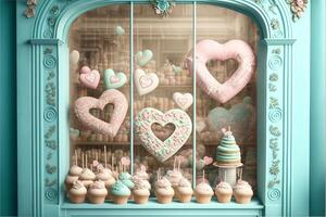 sweet shop store digital background with flowers. Generative Ai photo