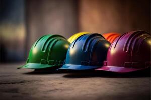 multicolor la seguridad construcción trabajador sombreros en un fila. generativo ai foto