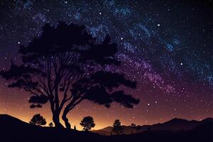 Silhouette Landscape Against Starry Sky. photo