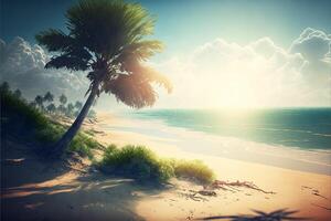 stunning landscape of beach with palm sunshine. photo