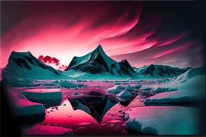 Polar landscape with a pink aurora borealis. photo