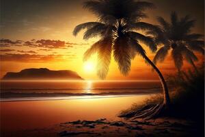 stunning landscape of beach with palm sunshine. photo