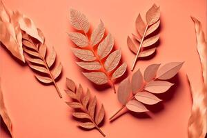 Pattern of dry orange metallic leaves on pink background. photo