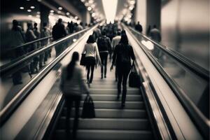 Unrecognizable blurred people on escalator in shopping. photo