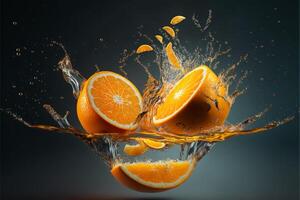 oranges and orange slices falling into a water splash. photo