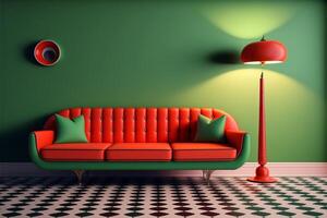 Retro Room interior green sofa red wall retro pattern. photo