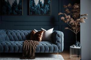 Modern cozy living room and dark blue wall texture. photo