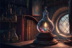 wizards school room magical books floating. photo