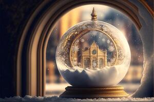 arch window frame with empty snow globe in middle gold. photo
