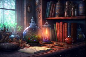 wizards school room magical books floating. photo