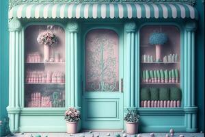 sweet shop store digital background with flowers. photo