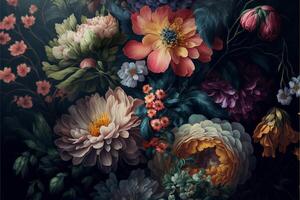 hand Painted flowers as a lush pattern oil painted Photo. photo