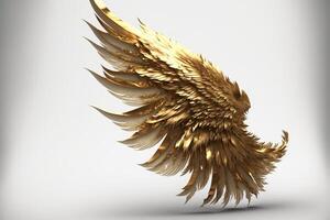 volador oro pluma ángel alas en un blanco antecedentes. generativo ai foto