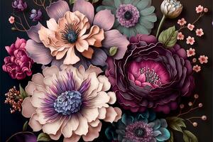 hand Painted flowers as a lush pattern oil painted Photo. photo