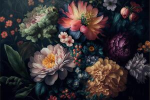 hand Painted flowers as a lush pattern oil painted Photo. photo