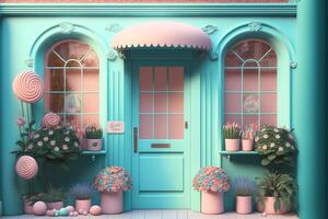 sweet shop store digital background with flowers. photo