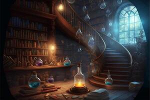 wizards school room magical books floating. photo