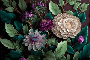 hand Painted flowers as a lush pattern oil painted Photo. photo