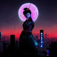 woman standing on top of a building with a full moon in the background. . photo